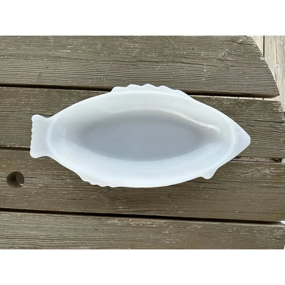 Vintage Milk Glass Fish by Glasbake McKee, Fish Shape Baker, Seafood Dish 18